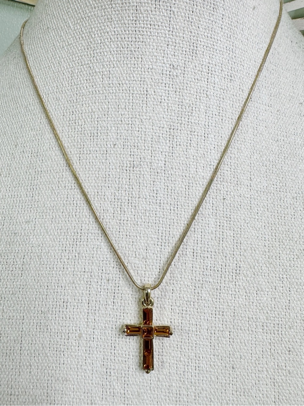 Gold Tone Cross Pendant Necklace with Amber Baguette Glass Stones